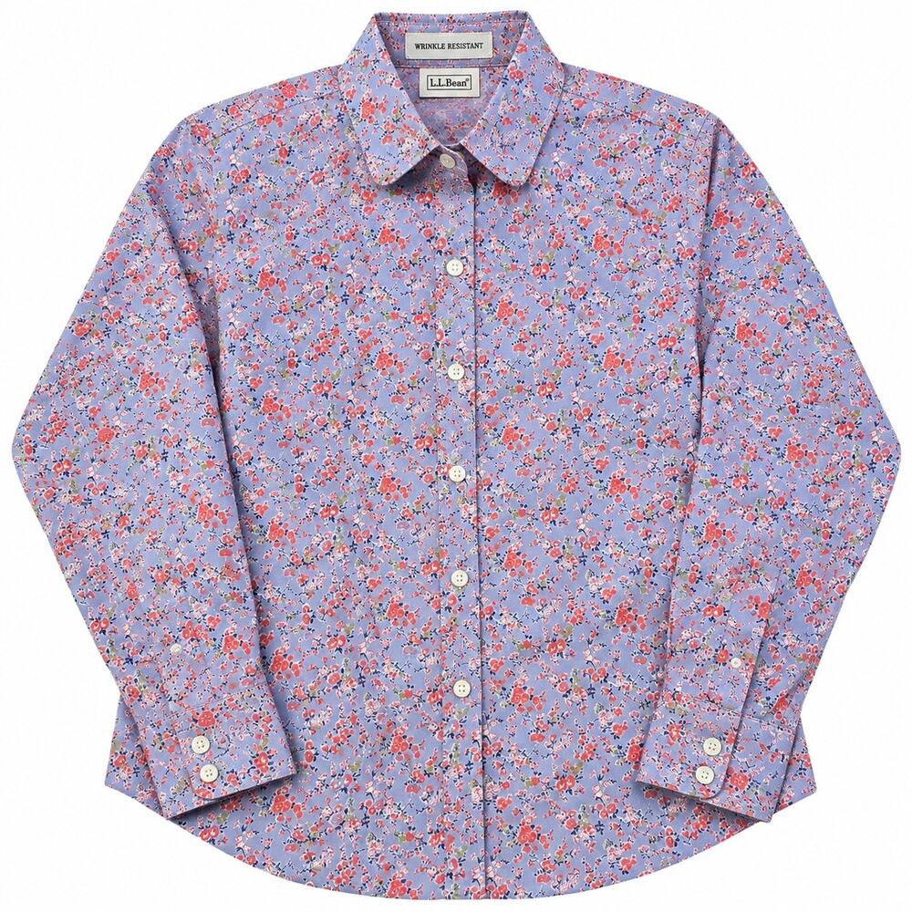L.L.Bean Women XS Wrinkle Resistant Cotton Floral Button Down Shirt Blue